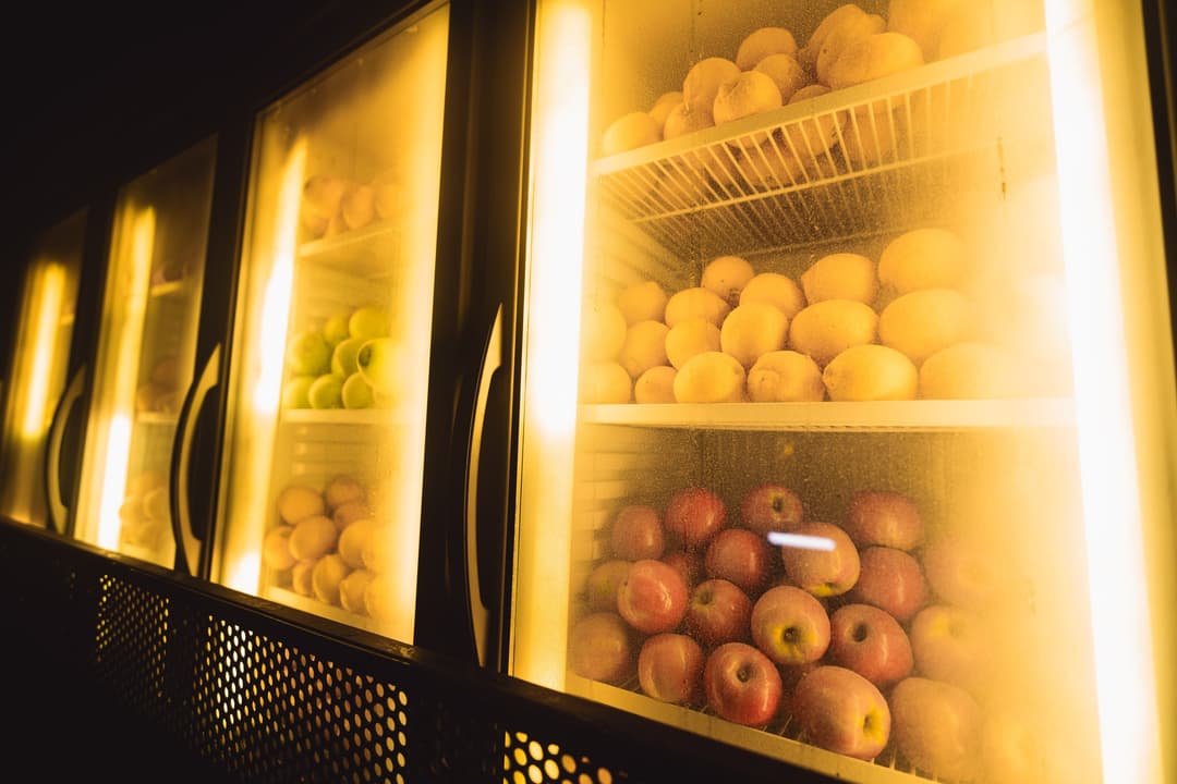 Fruit fridges lit on stage