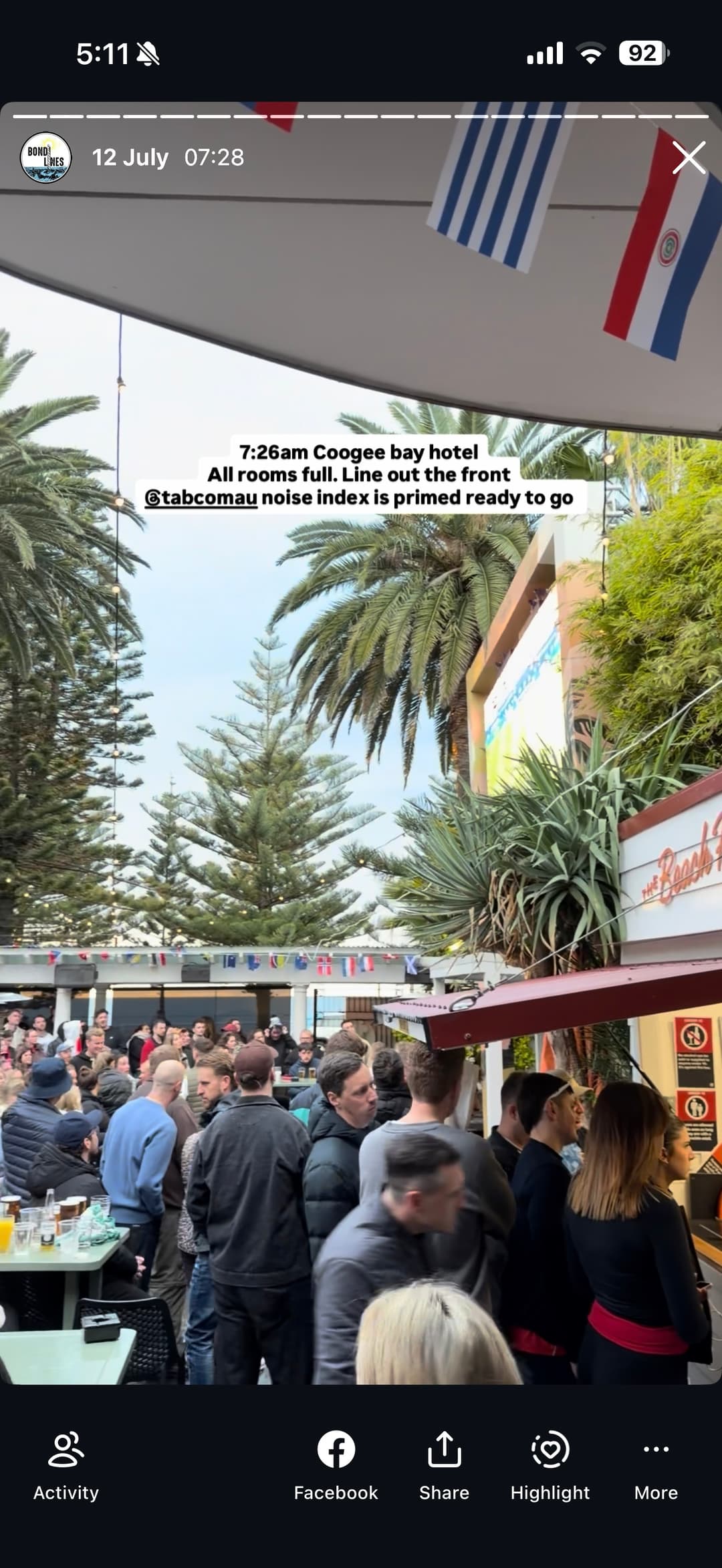 Early morning World Cup crowd outside Coogee Bay Hotel