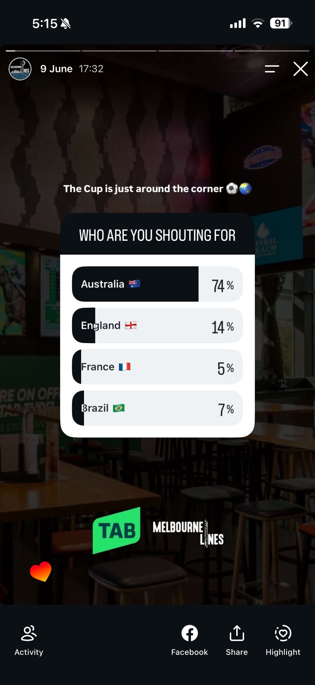 Who Are You Shouting For poll on TAB x Bondi Lines